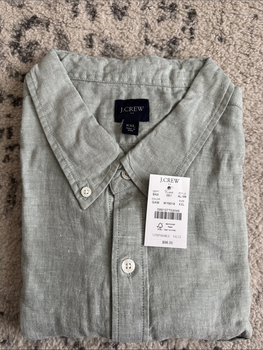 J. Crew Men's Short Sleeve Linen Button-Down Shirt in Light Sage